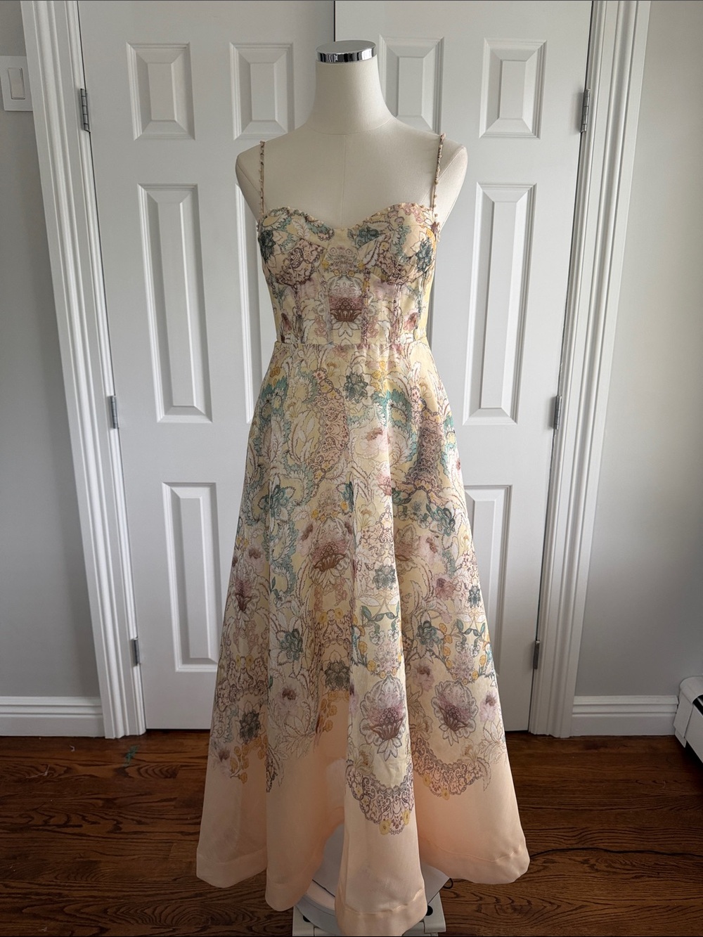 Floral Lace-Trim Peach Spaghetti-Strap Midi Dress